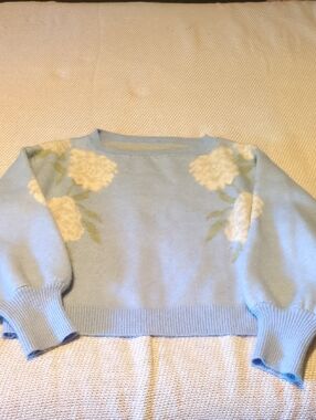 Light Blue Floral Crewneck Sweater - Women